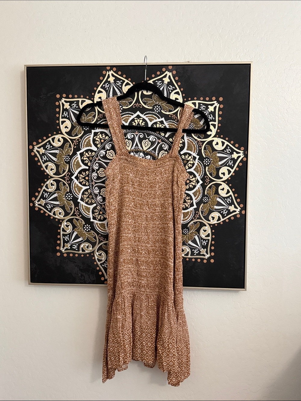 Bila Brown-Tan Printed Midi Drop-Waist Dress